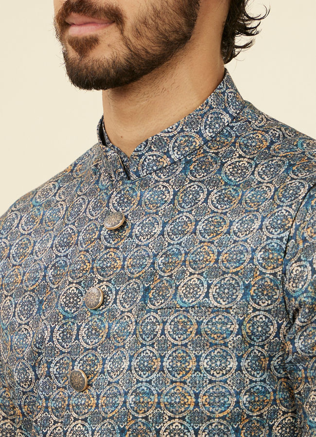 alt message - Manyavar Men Dark Blue Self Patterned Nehru Jacket image number 1